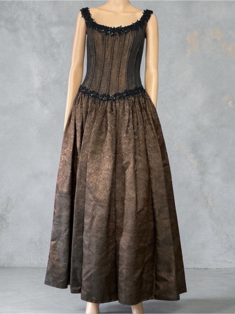 Vintage Chic Black & Bronze Corset Ball Evening Gown Dress by Chris Kole